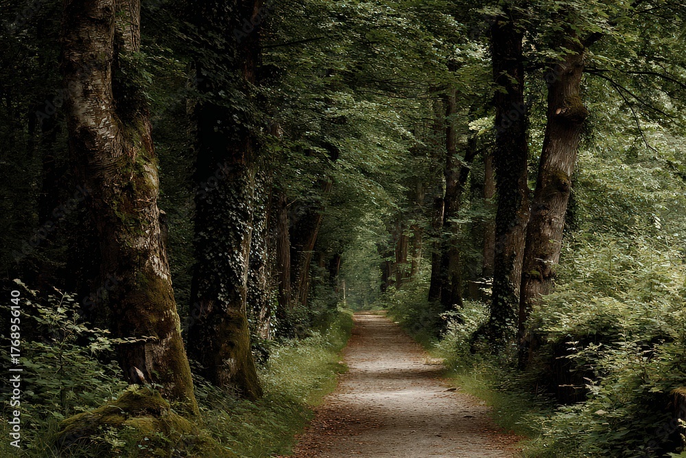 Fototapeta premium Sunlit Forest Path Lined With Towering Trees Leading To Brightness and Mystery