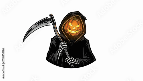 Spooky pumpkin headed reaper strikes a terrifying pose wielding a deadly scythe