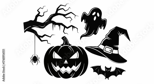 Spooky Halloween night silhouettes with ghost, pumpkin, bat, spider, and witch hat