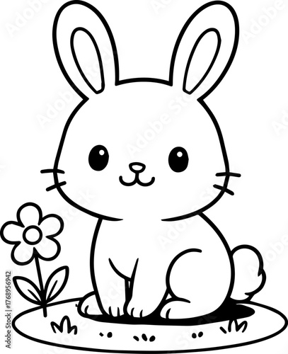 Cute Kawaii Bunny Sitting on Grass - Rabbit Illustration