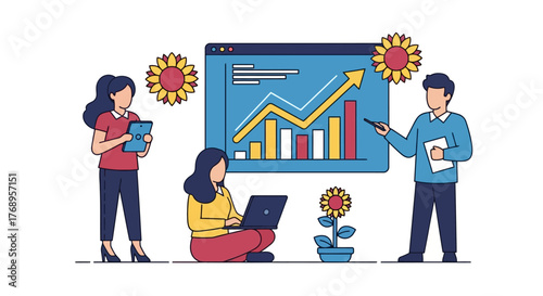 Team analyzing data and growth with sunflowers in a modern workspace