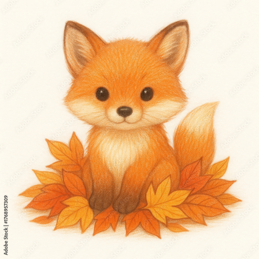 Obraz premium Cute fox smiles brightly, sitting contentedly within bed of vibrant autumn leaves