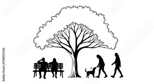 Silhouette scene of people and a dog under a leafy tree