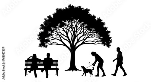 Silhouette of people and a dog in a park scene with trees