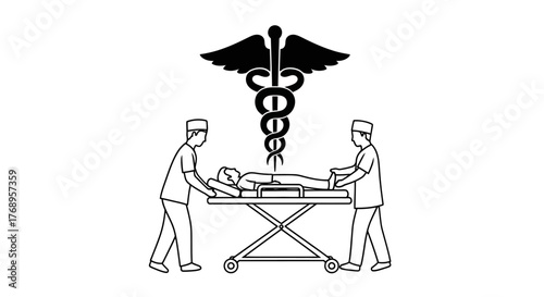 Medical staff transporting a patient on a stretcher with caduceus symbol