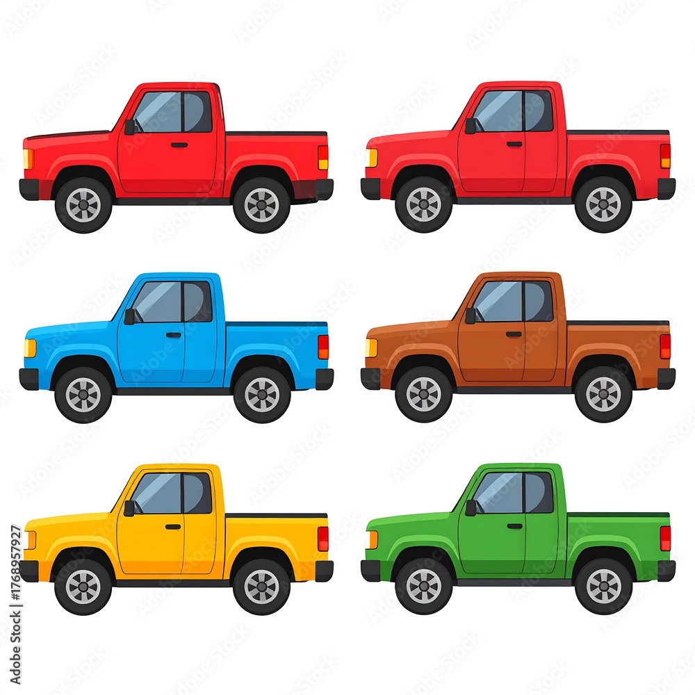 Fototapeta premium Assortment of six colorful, cartoonish pickup trucks isolated on white