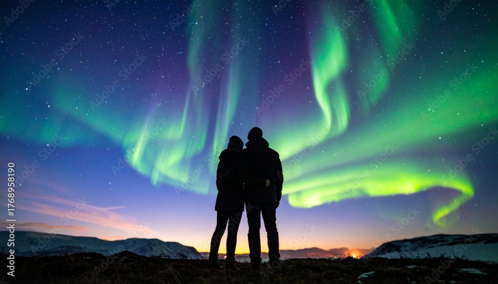 Fototapeta premium Silhouetted Figures Beneath Vibrant Aurora Night