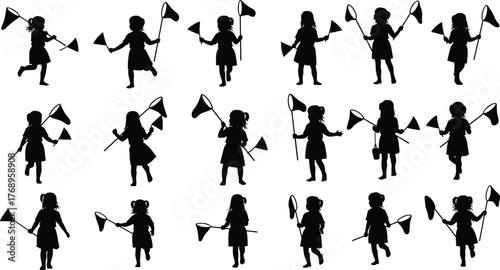 Child with butterfly net, playful silhouette poses, outdoor activity motion, insect catching gesture, summer fun scene, flat vector illustration