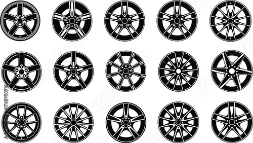 Car wheel rim set, automotive design, alloy styles, spoke pattern icons, vehicle accessory, tire hub detail, flat vector illustration