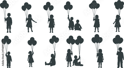Children with balloons, playful silhouette poses, joyful moments, childhood celebration icons, outdoor fun gesture, flat vector illustration, happy kids scene