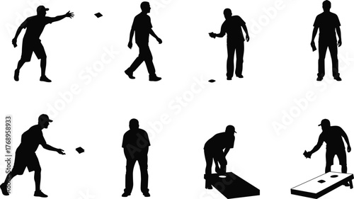 Cornhole player silhouettes, lawn game action, bean bag toss, outdoor sport poses, recreational gesture icons, flat vector illustration