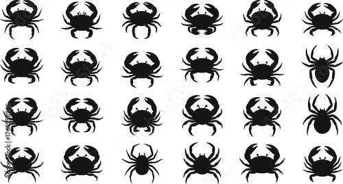 Crab and spider silhouettes, insect and marine icons, pattern recognition grid, creature comparison set, flat vector illustration