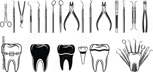 Dental instruments, oral care tools, tooth anatomy, braces, implant, crown, healthy teeth, decayed tooth, dental hygiene, flat vector illustration