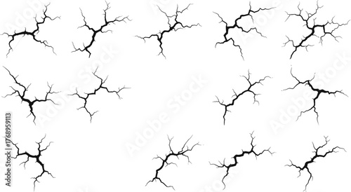 Crack pattern collection, surface fracture design, broken texture, jagged split, damage effect, realistic crack lines, flat vector illustration