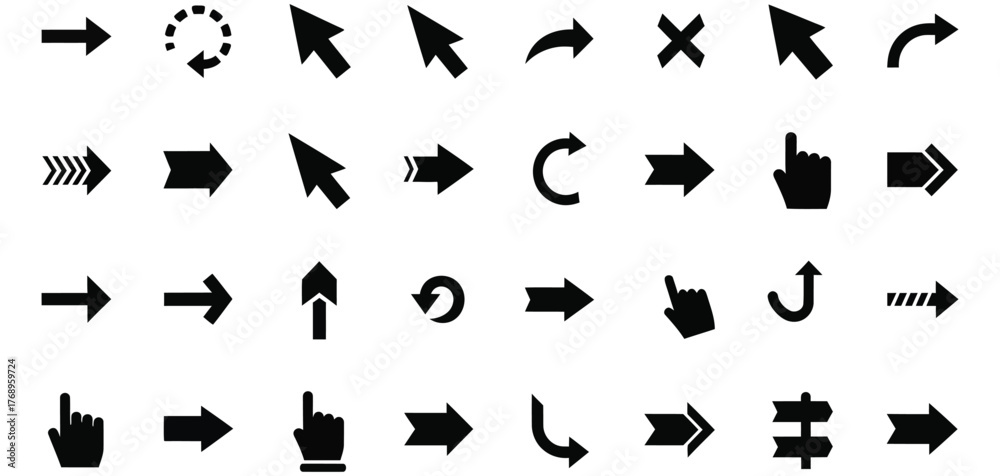 Naklejka premium Collection of various arrow and cursor icons isolated on white background