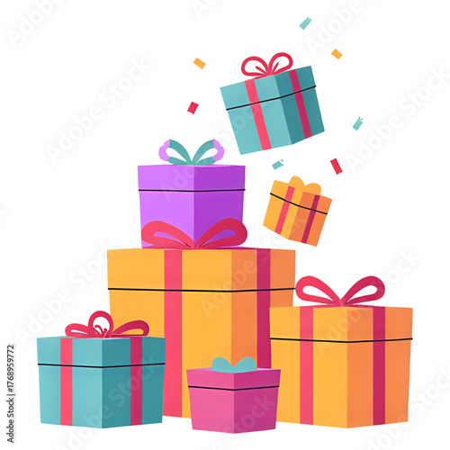 Colorful gift boxes with ribbons and confetti falling, isolated on white background celebration, birthday, christmas, new year, or special occasion concept