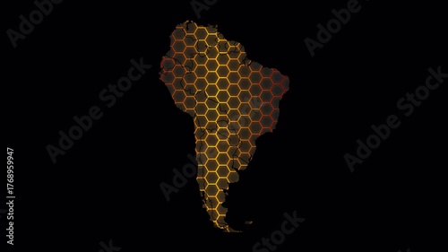 Map South america animation. world map with hexagonal grid in the background with an alpha channel. Motion design. 