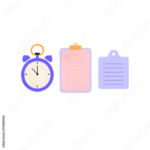 A flat vector illustration of a clock, clipboard, and notepad isolated on white background, perfect for time management and organization concepts