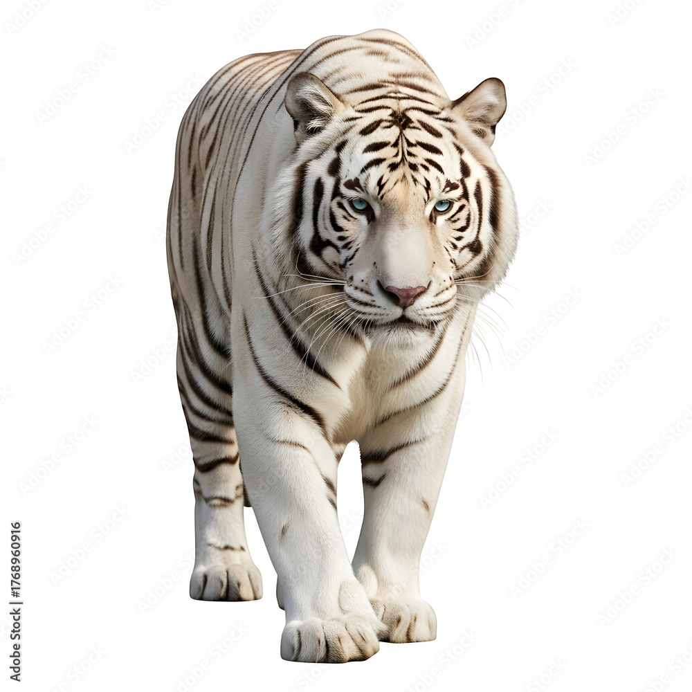Obraz premium Majestic white tiger walking forward in side view, powerful body, realistic detail, isolated on white background, perfect for wildlife and nature concepts.