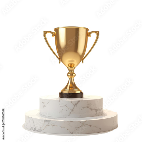 Golden trophy on a marble podium, symbolizing victory and achievement, isolated on white background a symbol of success and recognition for outstanding performance