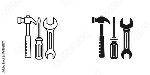 Hand tools icon set includes hammer, screwdriver, and wrench for repair work