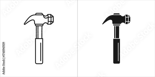 Illustration of a hammer in black and white, showcasing a tool for construction and repair