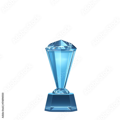 A sleek, blue crystal trophy isolated on white background, featuring a modern design with sharp angles and a reflective surface, symbolizing achievement and elegance in a minimalist style