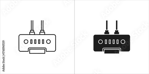 Black and white line drawing of a router for network and internet concept