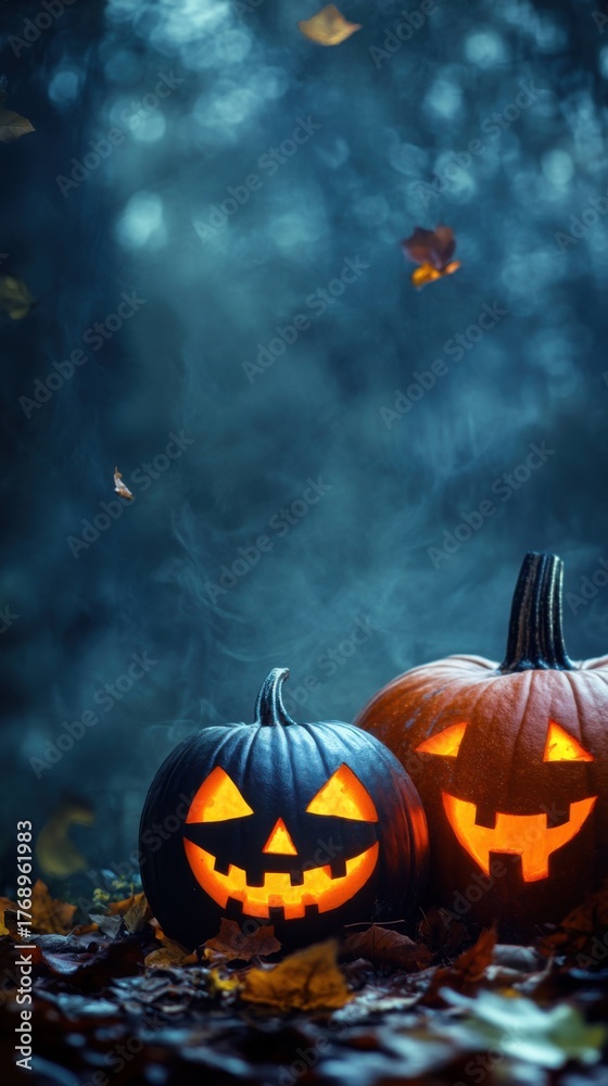 Naklejka premium Lit Jack O Lanterns Glowing Softly in Dark Halloween Scene