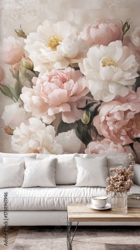 Large floral mural with pastel colors above white pillows