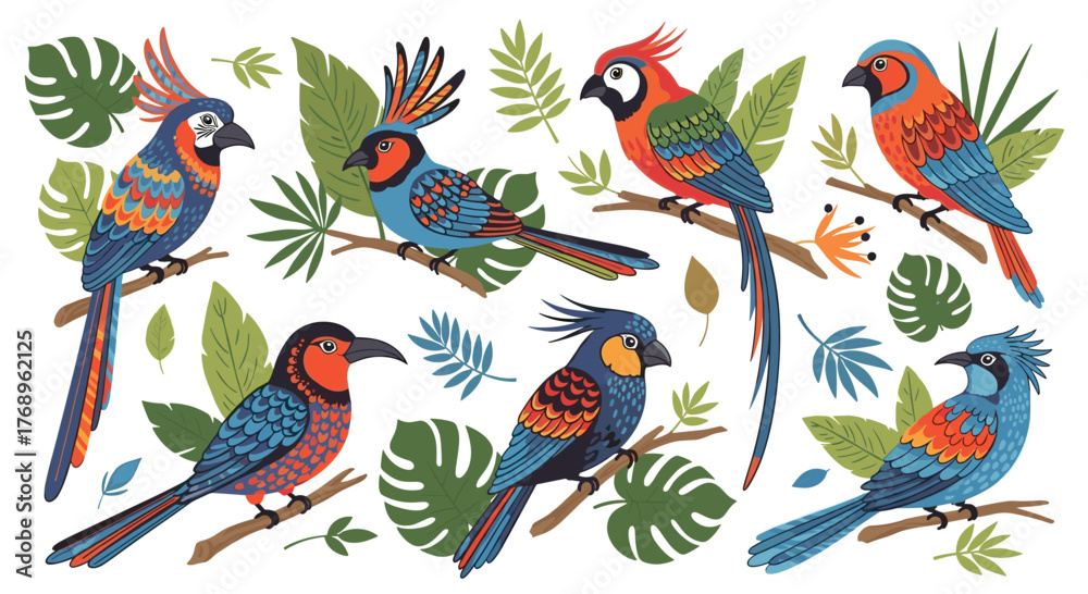 Naklejka premium Colorful parrots and tropical foliage create a vibrant jungle scene.