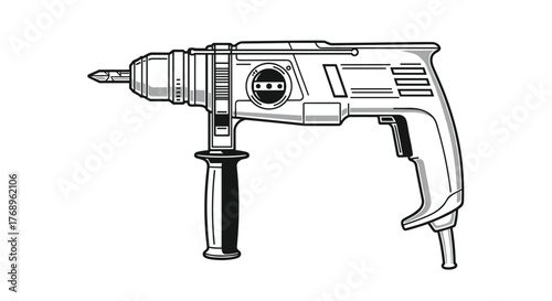 Black and white illustration of a power drill with a bit and auxiliary handle.