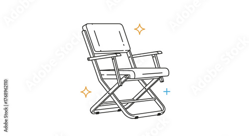 Simple line drawing of a folding director's chair with decorative starburst accents.