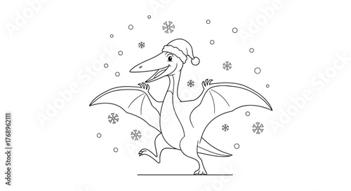 Cute cartoon pterodactyl wearing a Santa hat and celebrating winter with snowflakes.