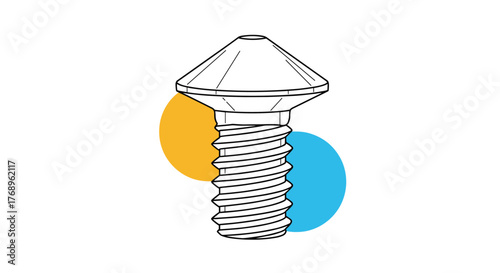 Illustration of a screw with a conical head and threaded shaft, on a white background with two colored circles.