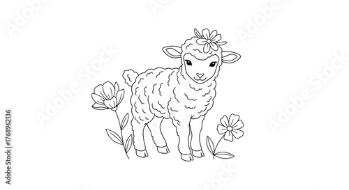 Cute black and white illustration of a fluffy lamb with flowers in its wool and surrounding it.