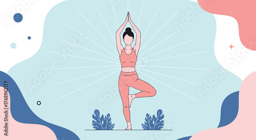 Woman in tree pose performing yoga with stylized background shapes and sunburst effect.