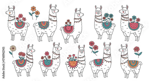 Cute hand-drawn llamas with flowers and colorful blankets in a charming whimsical pattern.