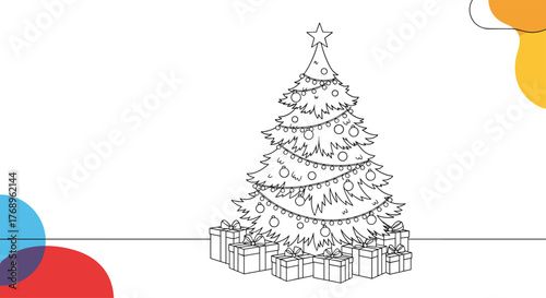 Outline illustration of a decorated Christmas tree with gifts beneath, set against a plain background with colorful abstract shapes.