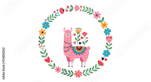 Cute pink llama surrounded by a floral wreath and colorful flowers.