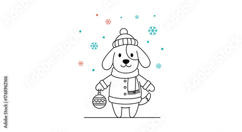 Cute cartoon dog wearing a winter hat and scarf holds a Christmas ornament while snowflakes fall.