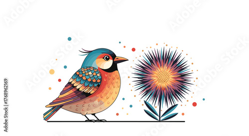A colorful bird with a spiky flower on a white background.