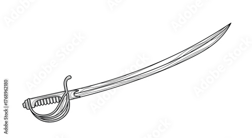 Detailed black and white line drawing of a curved saber sword with a basket hilt.