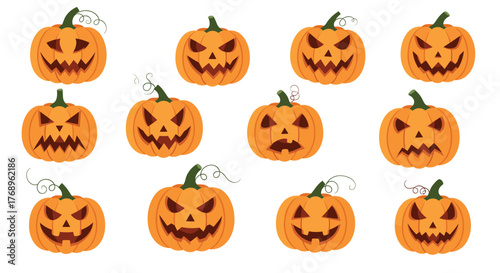 Collection of carved orange pumpkins with spooky faces for Halloween, arranged in a grid pattern on a white background.