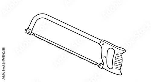 Line art illustration of a hacksaw with a black frame and handle on a white background.