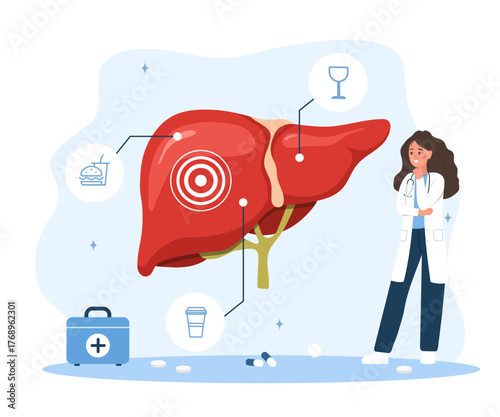 Cartoon female hepatologist explaining liver disease. Patient education on hepatitis, cirrhosis, or cancer therapy in clinic. Flat vector illustration.