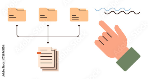 Hand interacting with three connected folders, files, and annotation lines. Ideal for file management, organization, navigation, data flow, teamwork digital planning office productivity. A simple