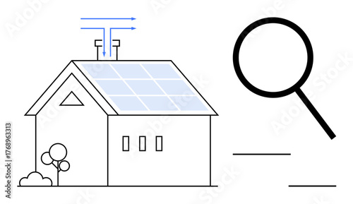 House with solar panels, airflow arrows, magnifying glass symbolizing energy efficiency, sustainability, eco-design, green living, renewable resources, energy audits, environmental awareness simple
