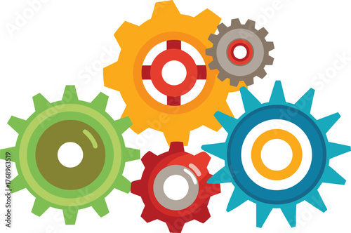 Dynamic interlocking gears symbolize teamwork, progress, and mechanical synergy in a vibrant, modern design.