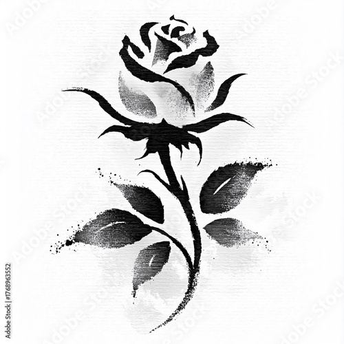 Black and white rose tattooed on a white background. The tattoo is of a rose with a black stem and leaves. The tattoo is very detailed and looks like a real rose. The tattoo has a very elegant